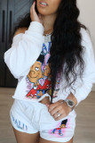 White Fashion Casual Print Basic Oblique Collar Long Sleeve Two Pieces