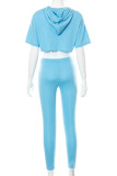 Blue Sportswear Solid Patchwork Asymmetrical Hooded Collar Half Sleeve Two Pieces
