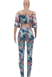 Blue Sexy Print Flounce Off the Shoulder Half Sleeve Two Pieces