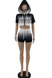 Blue Casual Gradual Change Print Patchwork Zipper Hooded Collar Short Sleeve Two Pieces