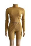 Khaki Casual Solid Split Joint Turtleneck Nine Points Sleeve Two Pieces