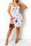 White Fashion Sexy Print Backless Spaghetti Strap Sleeveless Dress