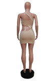 Beige Fashion Sexy Solid Hollowed Out Backless One Shoulder Sleeveless Dress