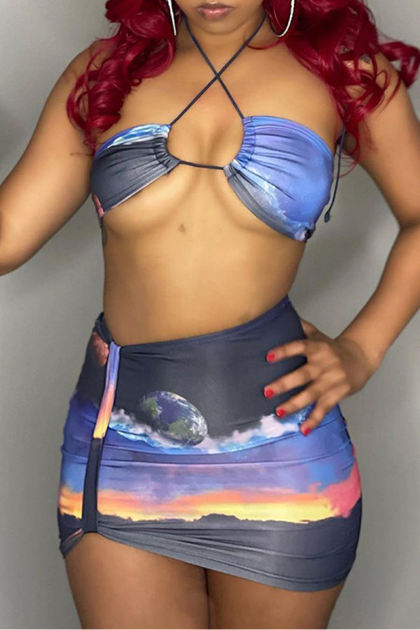 Blue Fashion Sexy Print Backless Halter Sleeveless Two Pieces