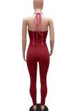White Sexy Solid Hollowed Out Patchwork Frenulum Halter Skinny Jumpsuits