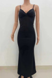 Yellow Fashion Sexy Solid Backless Slit V Neck Sling Dress