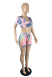 Multicolor Fashion Casual Tie Dye Printing O Neck Short Sleeve Two Pieces