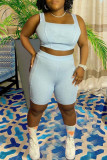 Sky Blue Casual Sportswear Solid Vests Square Collar Sleeveless Two Pieces