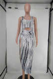Grey Fashion Sexy Print Hollowed Out Boat Neck Sleeveless Two Pieces Swimwears