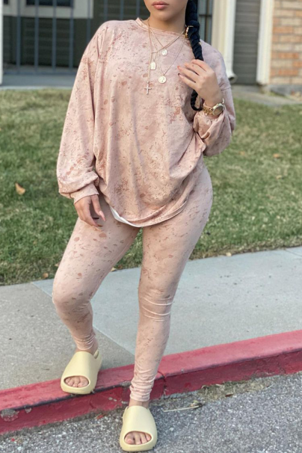 Khaki Casual Patchwork Tie-dye O Neck Long Sleeve Two Pieces