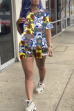 Grey Casual Print Patchwork O Neck Short Sleeve Two Pieces
