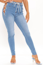 Baby Blue Sexy Solid Hollowed Out High Waist Skinny Denim Jeans