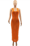 Orange Fashion Sexy Solid Hollowed Out See-through O Neck Vest Dress