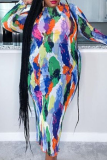 Purple Sexy Print Patchwork Bandage Crystal Half A Turtleneck Pencil Skirt Dresses
