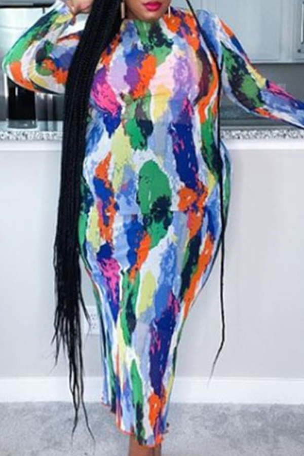 Purple Sexy Print Patchwork Bandage Crystal Half A Turtleneck Pencil Skirt Dresses
