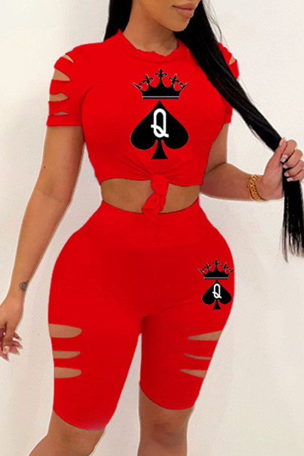 Red Casual Print Patchwork O Neck Short Sleeve Two Pieces