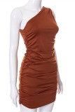 Brown Fashion Sexy Solid Fold One Shoulder Sleeveless Dress