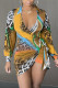 Yellow Fashion Casual Print Bandage Asymmetrical Turndown Collar Long Sleeve Dresses