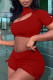 Red Fashion Casual Solid Bandage Hollowed Out Turtleneck Short Sleeve Two Pieces