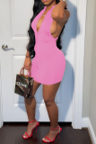 Pink Sexy Solid Patchwork Half A Turtleneck Pencil Skirt Dresses