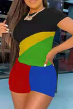 Red Casual Color Block Patchwork O Neck Short Sleeve Two Pieces