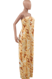Brown Casual Print Patchwork Strapless Straight Jumpsuits