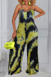 Green Casual Patchwork Tie-dye Spaghetti Strap Loose Jumpsuits
