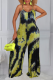 Green Casual Patchwork Tie-dye Spaghetti Strap Loose Jumpsuits