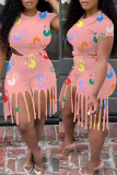 Pink Fashion Casual Print Tassel O Neck Short Sleeve Two Pieces