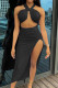 Black Sexy Solid Patchwork Backless High Opening Halter Sleeveless Two Pieces