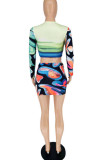 Multicolor Sexy Print Hollowed Out Patchwork O Neck Long Sleeve Two Pieces