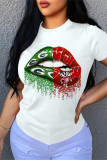 Red Fashion Casual Lips Printed Basic O Neck T-Shirts