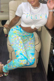 Light Blue Fashion Casual Print Basic Skinny High Waist Pencil Trousers