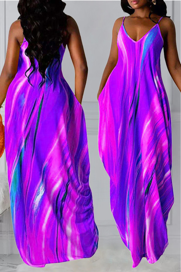 Purple Casual Print Patchwork Spaghetti Strap Straight Dresses