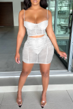 Rose Red Sexy Solid Mesh Spaghetti Strap Sleeveless Two Pieces