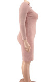 Pink Fashion Casual Solid Slit Turndown Collar Long Sleeve Dresses
