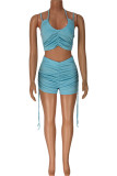 Pink Casual Solid Patchwork Fold Spaghetti Strap Sleeveless Two Pieces