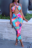 Blue Red Fashion Sexy Print Backless Strapless Sleeveless Two Pieces