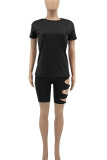 Black Casual Solid Hollowed Out Split Joint O Neck Short Sleeve Two Pieces