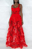 Red Fashion Sexy Patchwork See-through Backless Spaghetti Strap Sleeveless Two Pieces