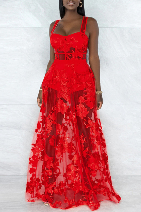 Red Fashion Sexy Patchwork See-through Backless Spaghetti Strap Sleeveless Two Pieces