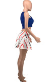 Blue Casual Sportswear Print Vests U Neck Sleeveless Two Pieces
