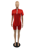 Red Casual Solid Patchwork Zipper Collar Short Sleeve Two Pieces