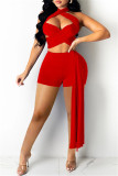 Red Fashion Sexy Solid Hollowed Out Backless Skinny Romper