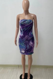 Rose Red Sexy Print Patchwork Strapless Pencil Skirt Dresses