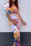 Colour Sexy Print Patchwork Square Collar Half Sleeve Two Pieces