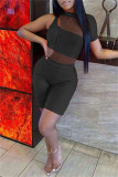 Light Blue Fashion Sexy Solid Hollowed Out See-through O Neck Short Sleeve Two Pieces