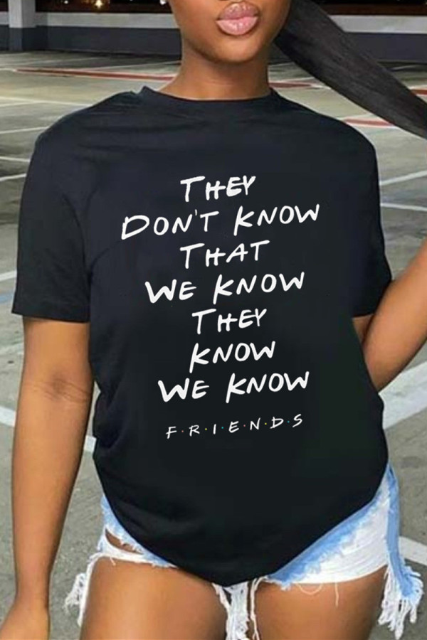 Black Fashion Casual Letter Print Basic O Neck T-Shirts