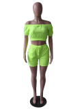 Fluorescent Green Fashion Casual Solid Backless Off the Shoulder Short Sleeve Two Pieces