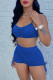 Blue Casual Solid Draw String Fold Spaghetti Strap Two Pieces